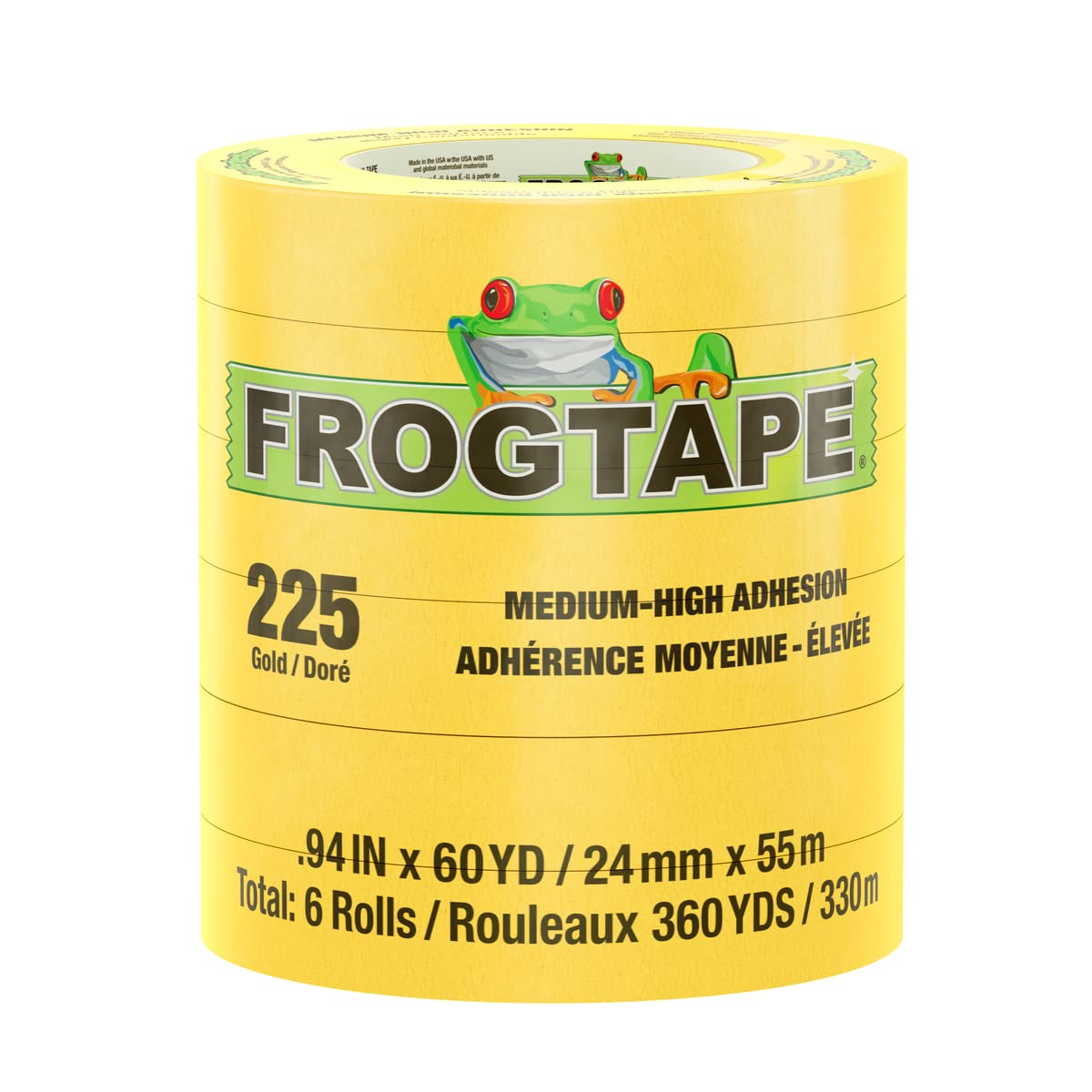 Gold FrogTape 225 Moderate Temperature Performance Grade Masking Tape, Medium-High Adhesion, 24mm x 55m, 6 Rolls per Pack