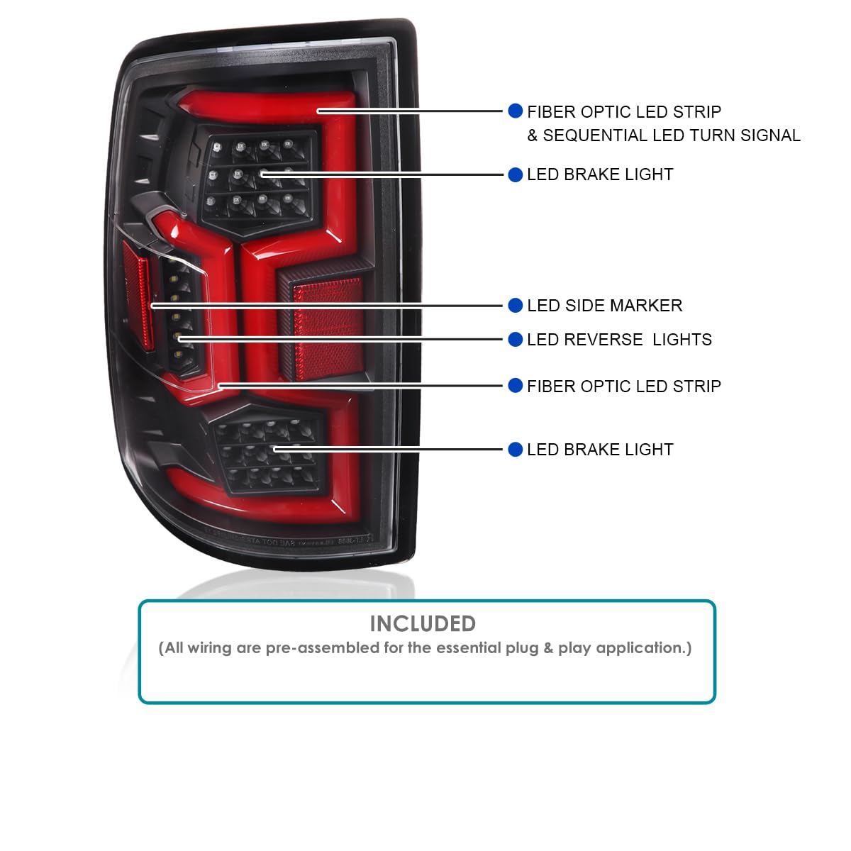 Black Tail Lights w/Red Fiber Optic Sequential LED Turn Signal Lights SPEC-D TUNING Compatible with 2019-2024 Dodge Ram 2500/3500