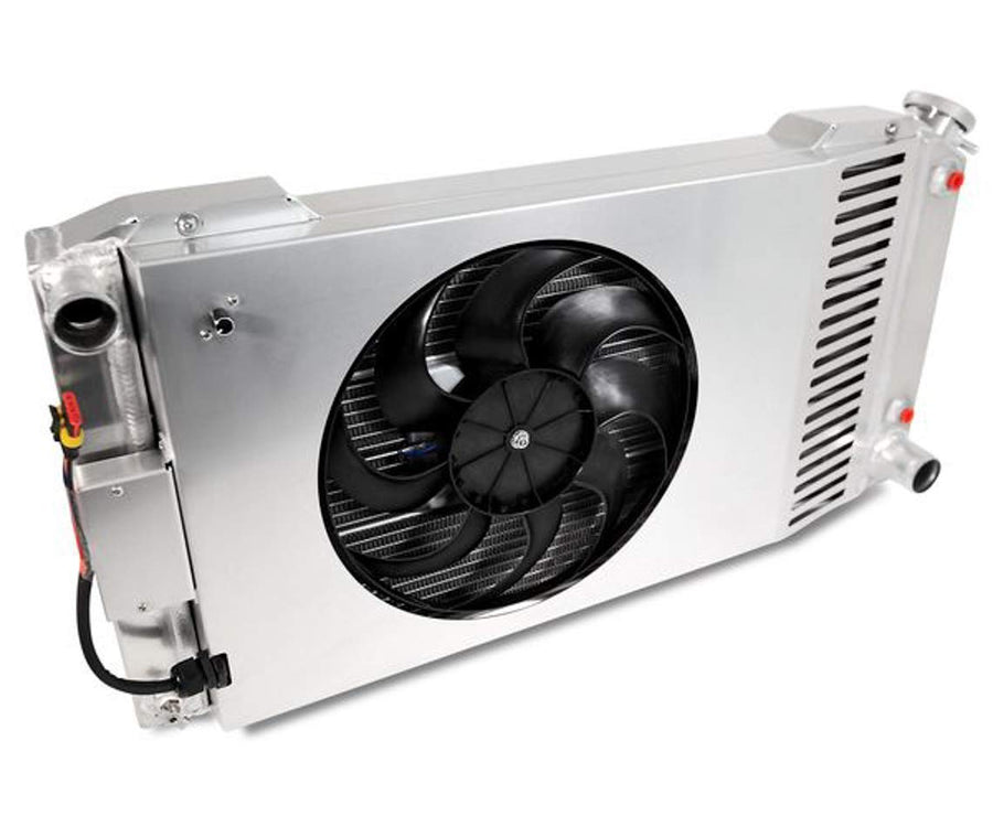 Slim-Fit Radiator, Direct Fit Series, 32-7/64 in W x 16-51/64 in H x 4 in D, Single Pass, Driver Side Inlet, Passenger Side Outlet, Aluminum, Natural, Small Block Chevy, Automatic Transmission