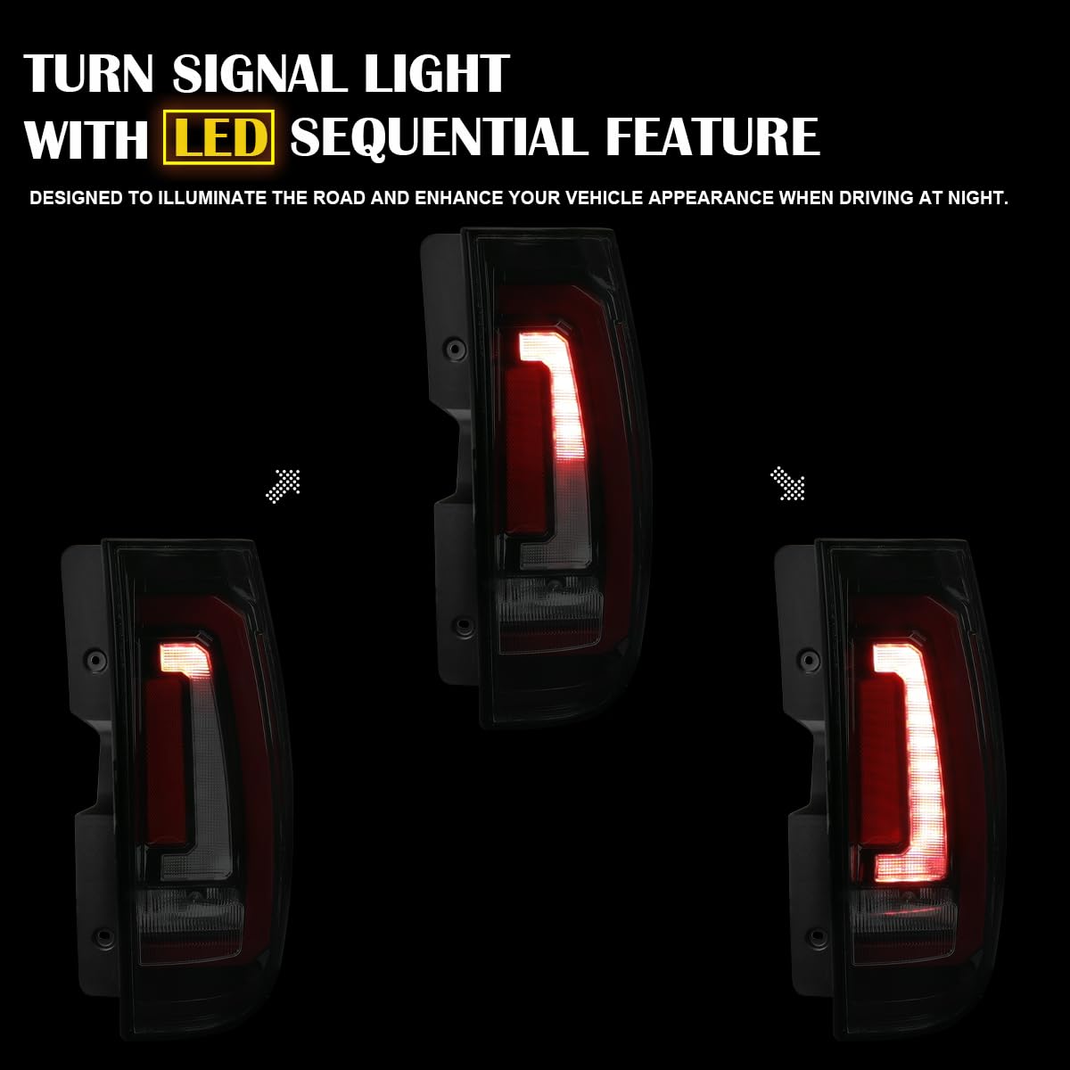 Glossy Black Smoke SPEC-D TUNING Tail Lights w/Red LED Sequential Turn Signals and Startup Animation Compatible with 2007-2014 Chevy Tahoe, Suburban, GMC Yukon/Denali/XL, Left + Right Pair Assembly