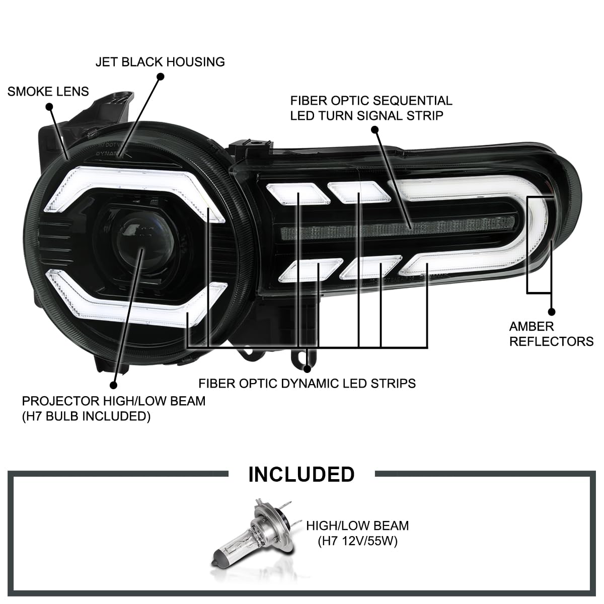 Black Smoke SPEC-D TUNING Projector Headlights w/LED Sequential Turn Signals and Startup Animation Compatible with 2007-2014 Toyota FJ Cruiser, Left + Right Pair Headlamp Assembly
