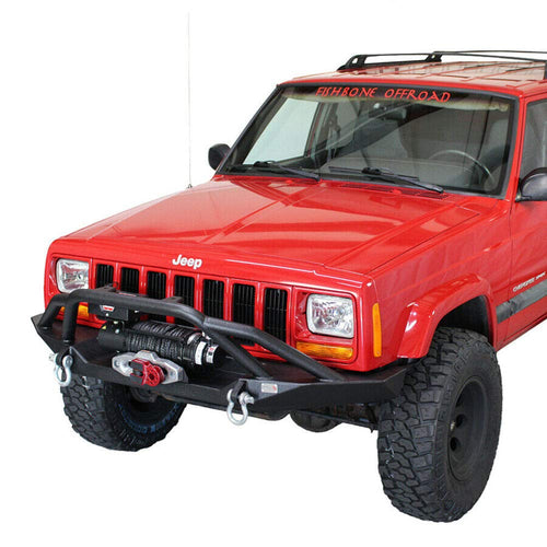 Cherokee XJ Front Winch Bumper Fishbone Offroad W/Grille Guard Bullhead Steel Black Textured Powdercoat