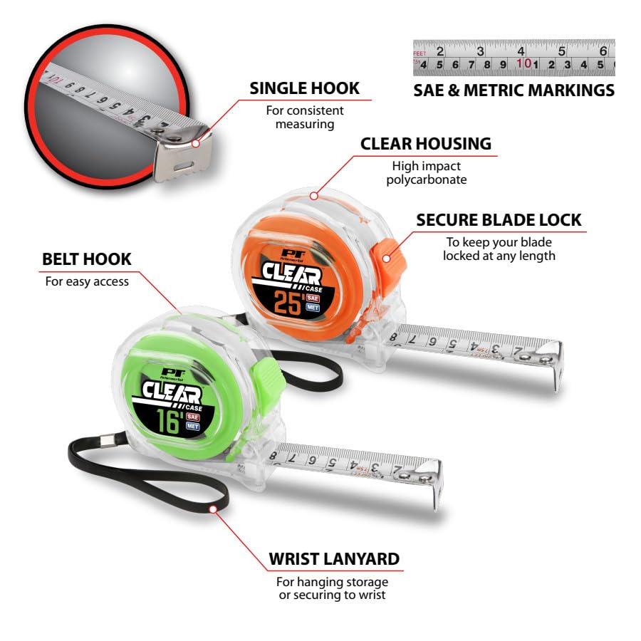 Clear Tape Measure Set Performance Tool W5038 - 16ft. x 3/4in. and 25ft. x 1in. (Pack of 2), Highly Accurate, Impact Resistant