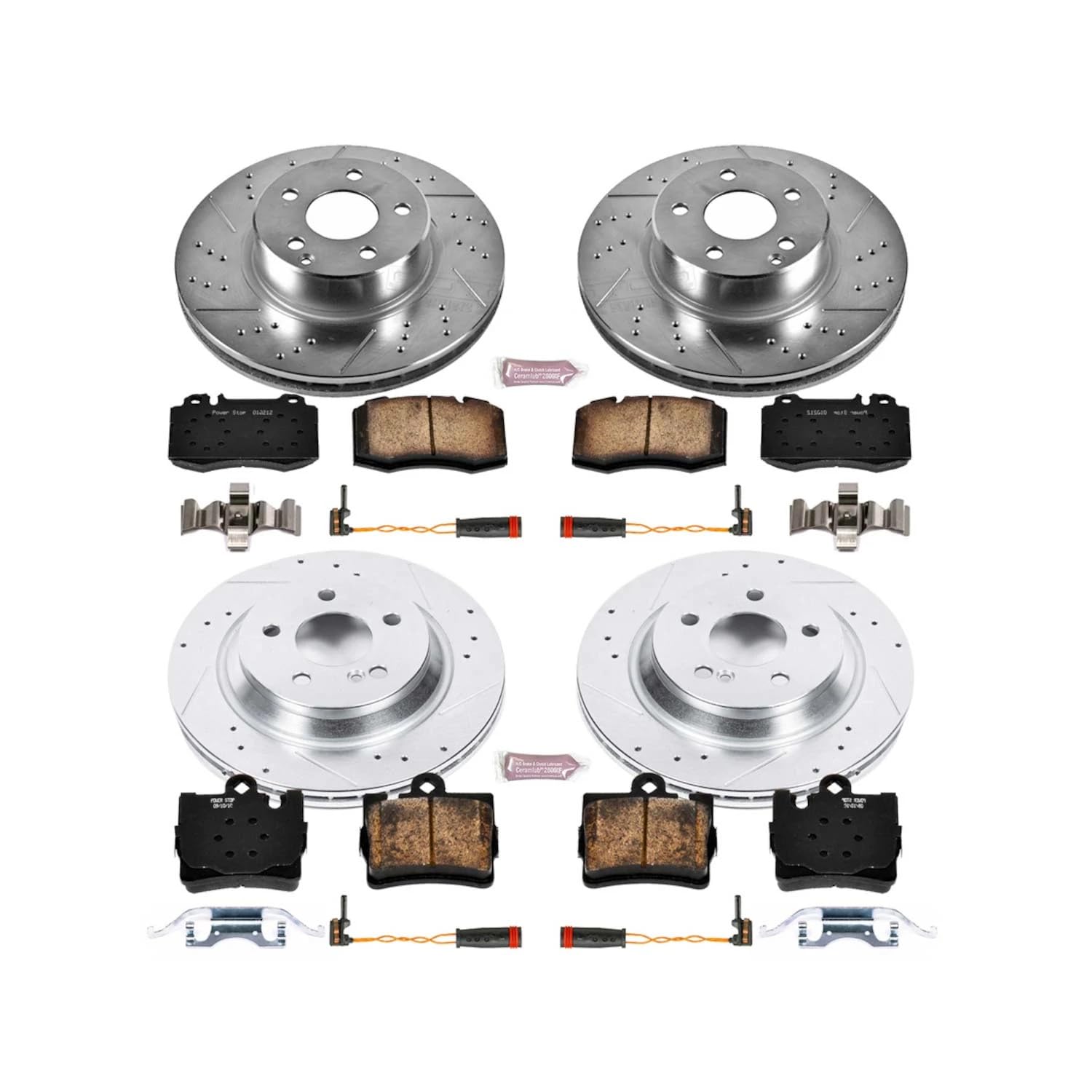 Power Stop K2851 Z23 Carbon Fiber Brake Pads Front and Rear with Drilled & Slotted Brake Rotors Kit and 2 Front & 2 Rear Sensor Wires For Mercedes-Benz S500 2002-2003 [Model Specific]