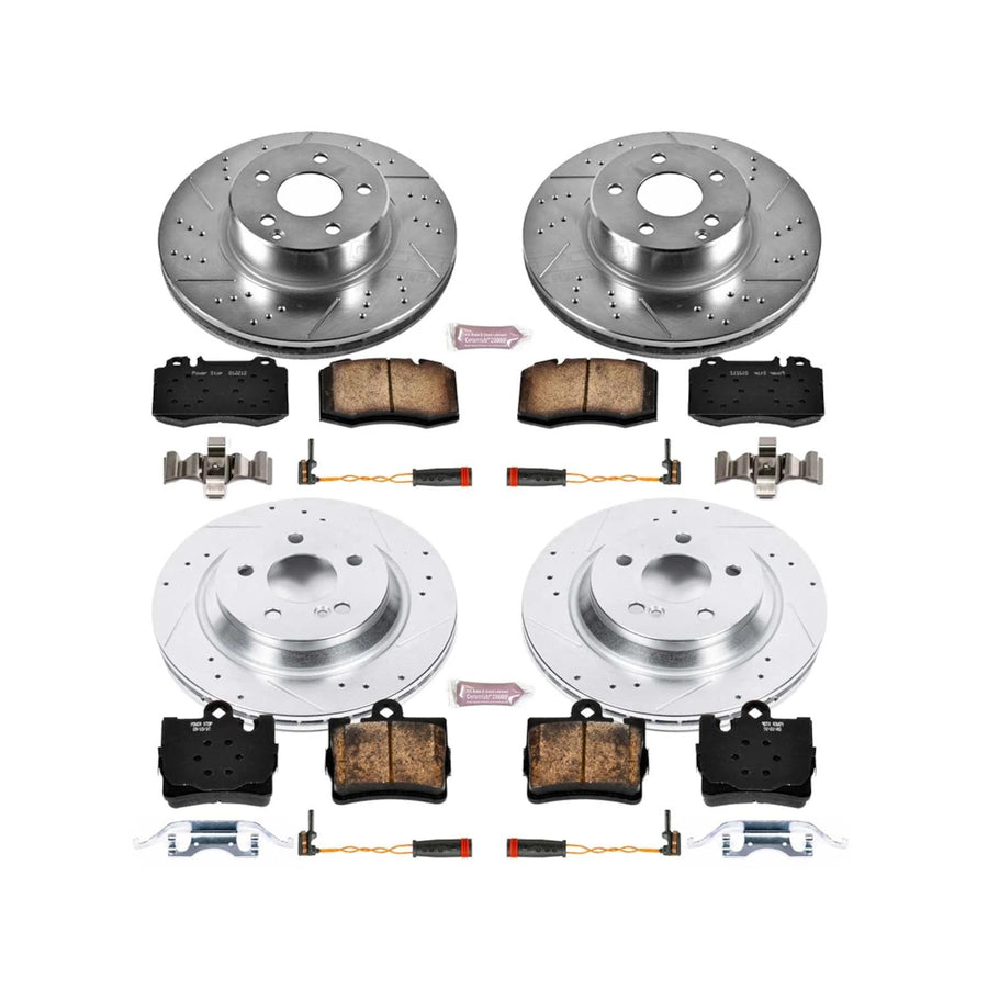 Power Stop K2851 Z23 Carbon Fiber Brake Pads Front and Rear with Drilled & Slotted Brake Rotors Kit and 2 Front & 2 Rear Sensor Wires For Mercedes-Benz S500 2002-2003 [Model Specific]