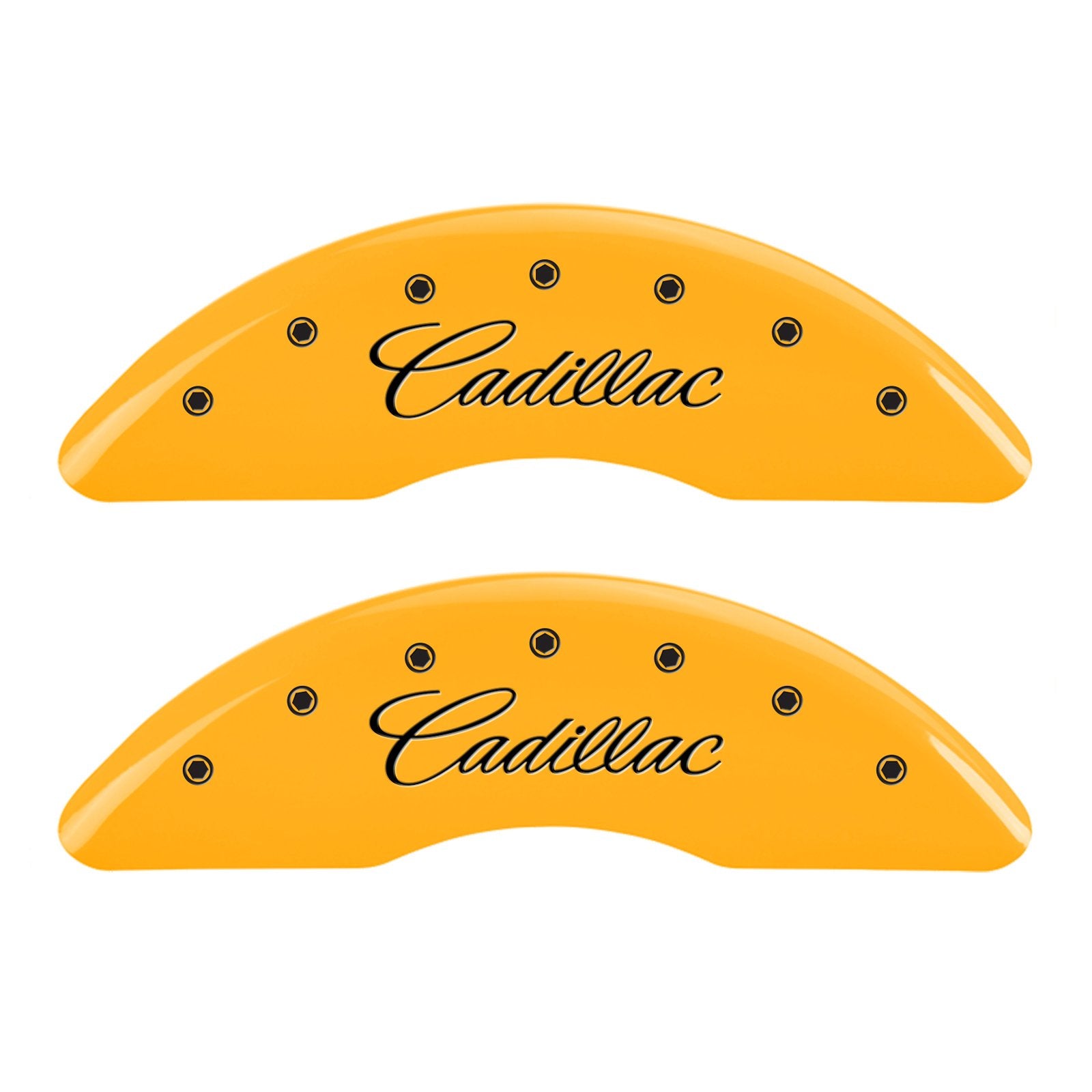 Brake Caliper Covers MGP - Compatible with 2013-2019 Cadillac XTS (Requires 19"+ Wheels) Powder-Coated Finish, 4 PCS Front and Rear (Yellow - Cadillac Cursive Engraving)