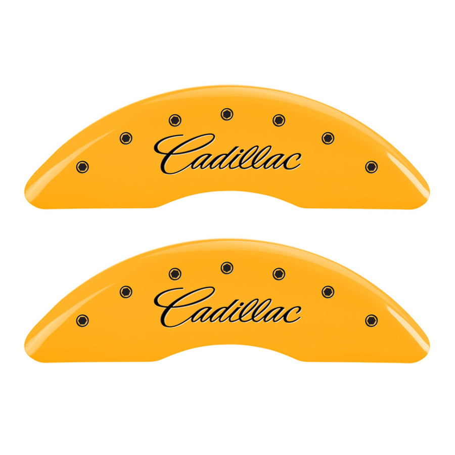 Brake Caliper Covers MGP - Compatible with 2013-2019 Cadillac XTS (Requires 19"+ Wheels) Powder-Coated Finish, 4 PCS Front and Rear (Yellow - Cadillac Cursive Engraving)