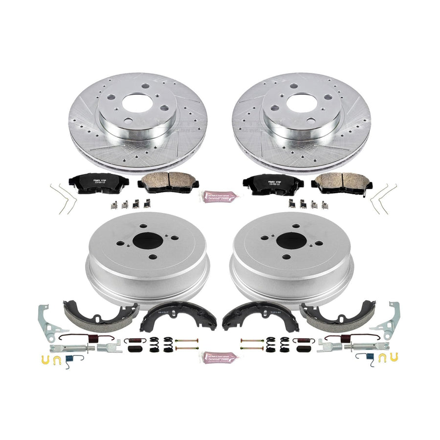 Power Stop K15079DK Z23 Carbon Fiber Brake Pads Front and Rear with Drilled & Slotted Brake Drums Kit For Toyota Corolla 1993-1997 [Model Specific]
