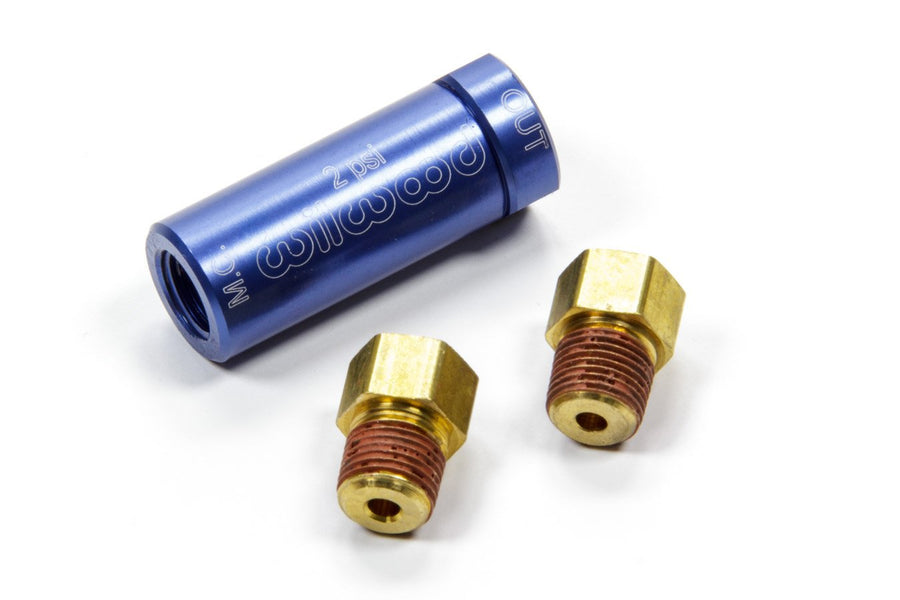 Wilwood 2 lb Residual Pressure Valve, 1/8 in NPT Inlet, 1/8 in NPT Outlet, 3/8-24 in Inverted Flare Fittings Included, Aluminum, Blue Anodized, Disc Brake, Each
