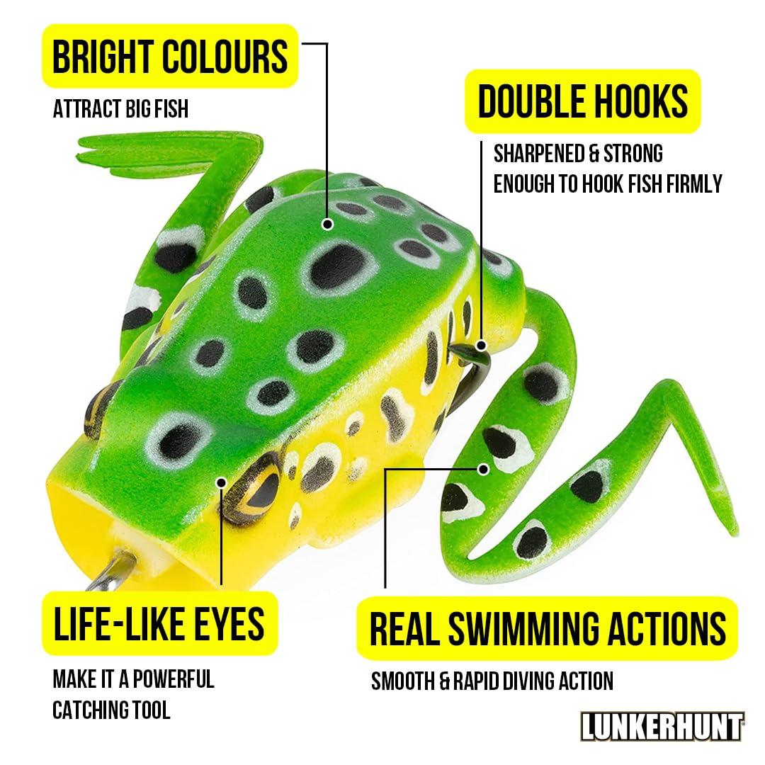 Frog Fishing Lure Lunkerhunt for Bass Fishing | Popping Frog 0.5 oz | Topwater Fishing Bait with Weedless Hooks, Hollow Body (Leopard)
