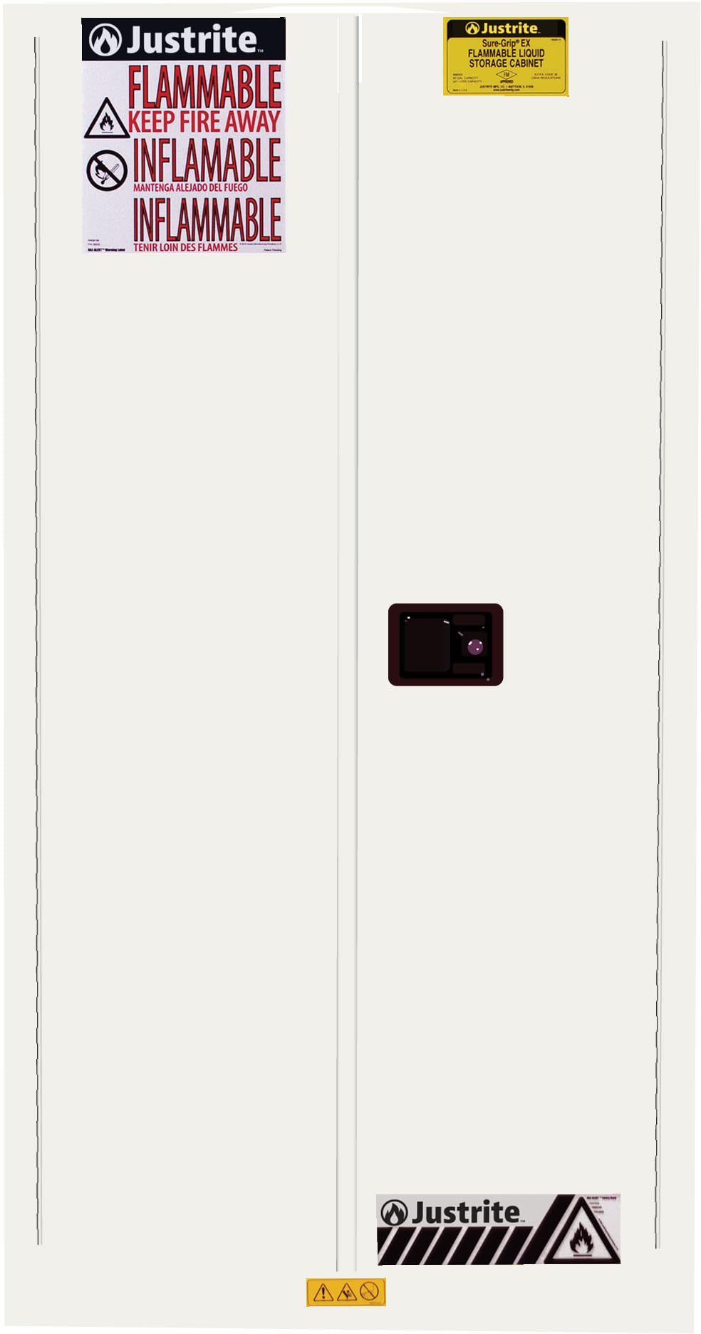 60 Gallon Justrite Self Close Flammable Storage Cabinet, 18 Gauge Steel, 2 Shelves, 2 Door Fire Cabinet, 65" x 34" x 34", Made in The USA, White, 896025
