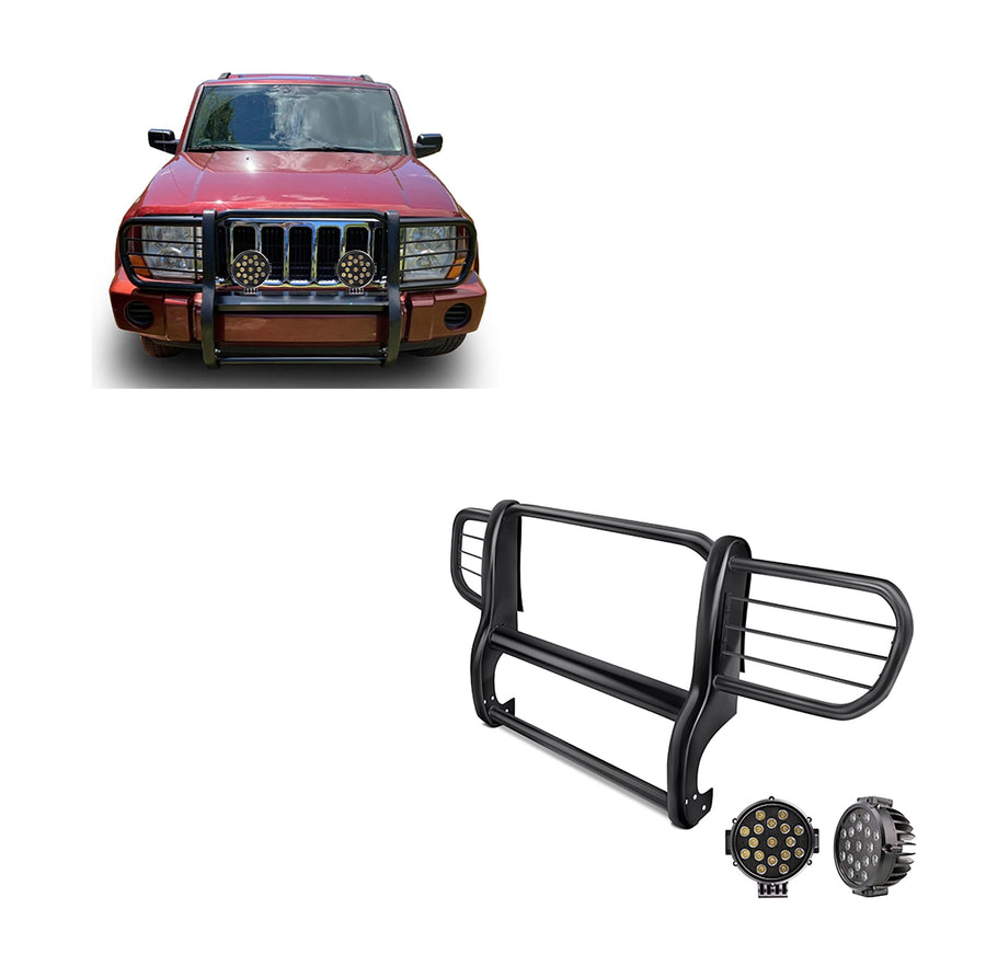 Grille Brush Black Horse Bumper Guard Modular Come with Pair of 7.0" Dia.LED Lights with Black Trim Rings Compatible with 2006-2010 Jeep Commander-17A081000MA-PLB