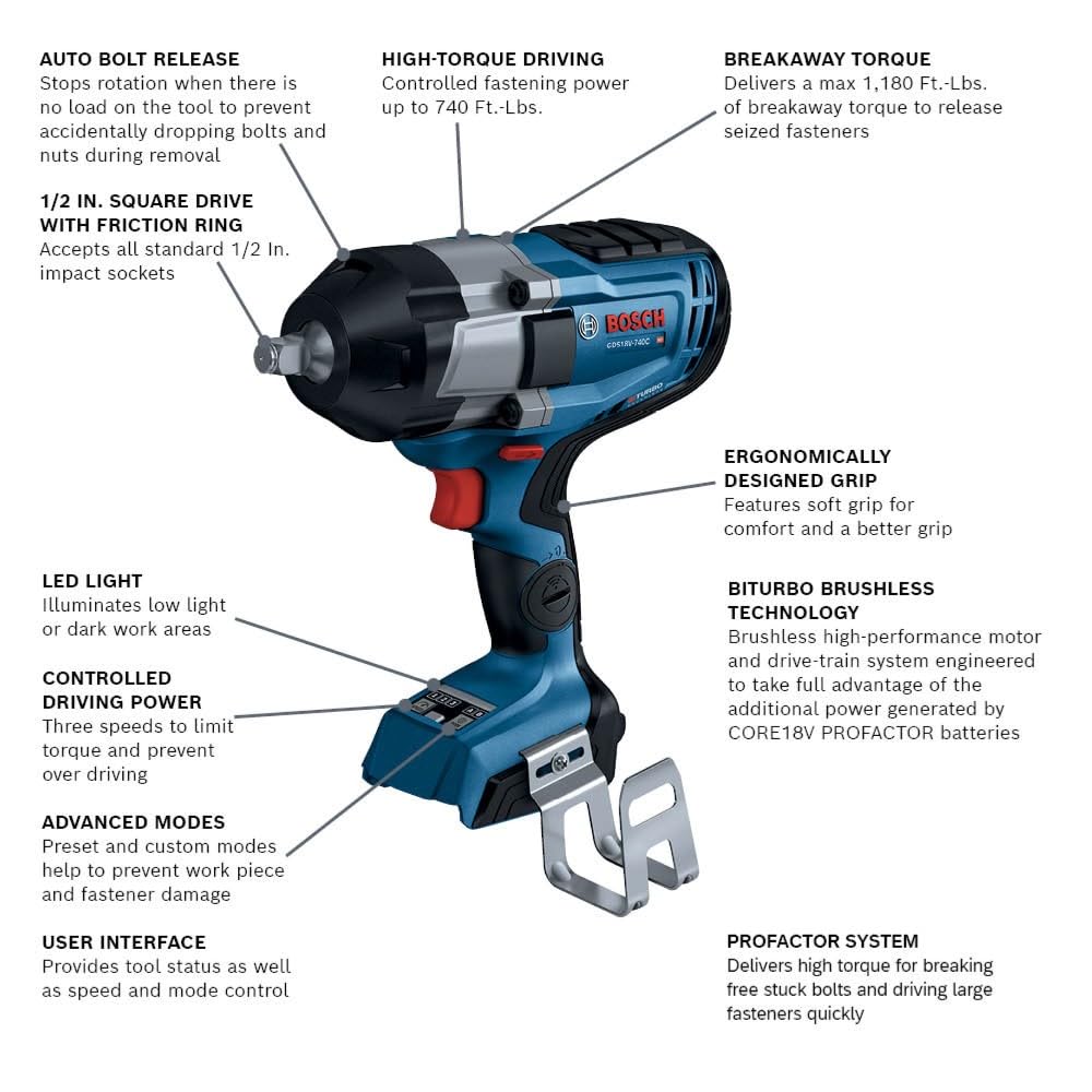 BOSCH PROFACTOR™ GDS18V-740CN 18V Connected-Ready 1/2 In. Impact Wrench with Friction Ring (Bare Tool)