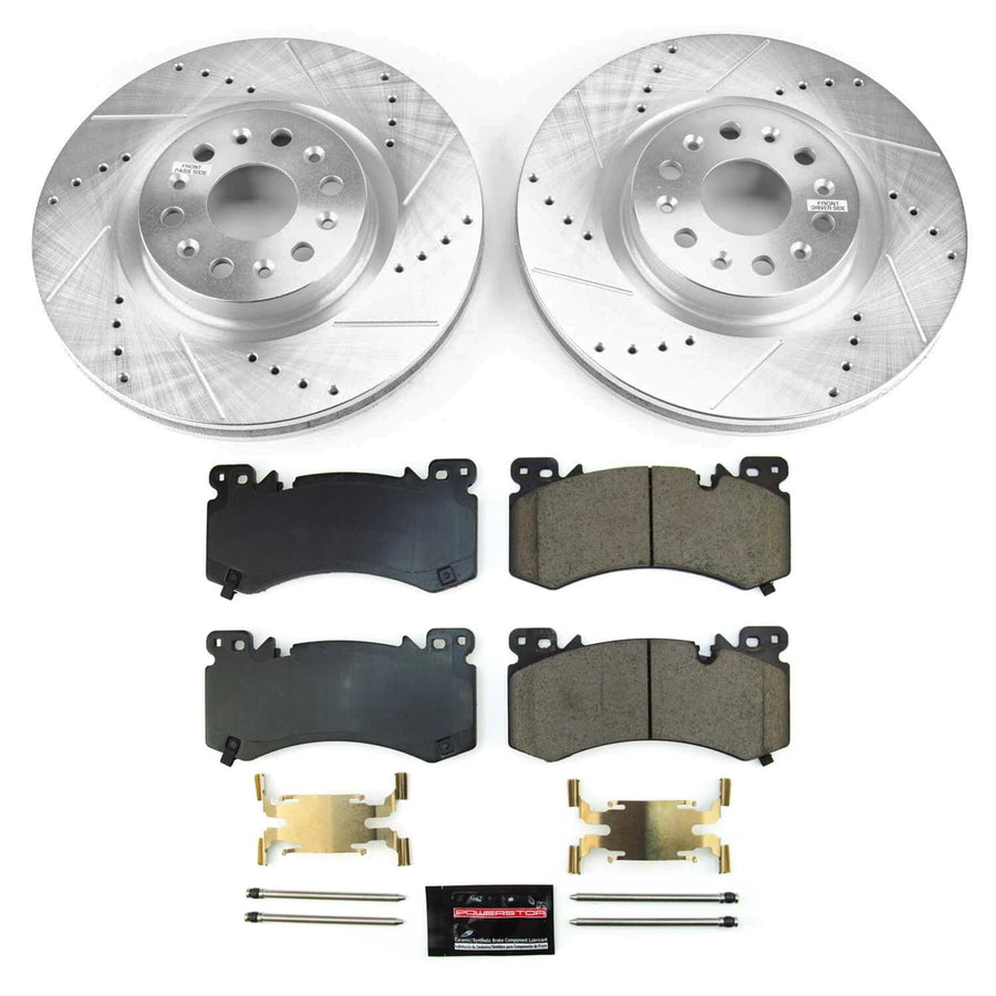 Front Brake Kit Power Stop For 2022 Cadillac XT6 - Truck & Tow Carbon Fiber Ceramic Brake Pads & Drilled and Slotted Rotors Replacement, K9076-36