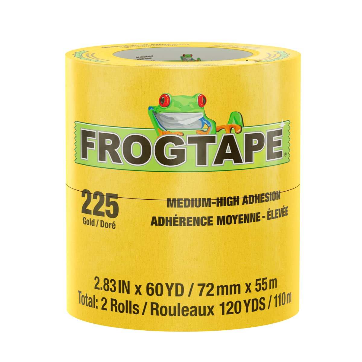 Gold FrogTape 225 Moderate Temperature Performance Grade Masking Tape, Medium-High Adhesion, 72mm x 55m, 2 Rolls per Pack