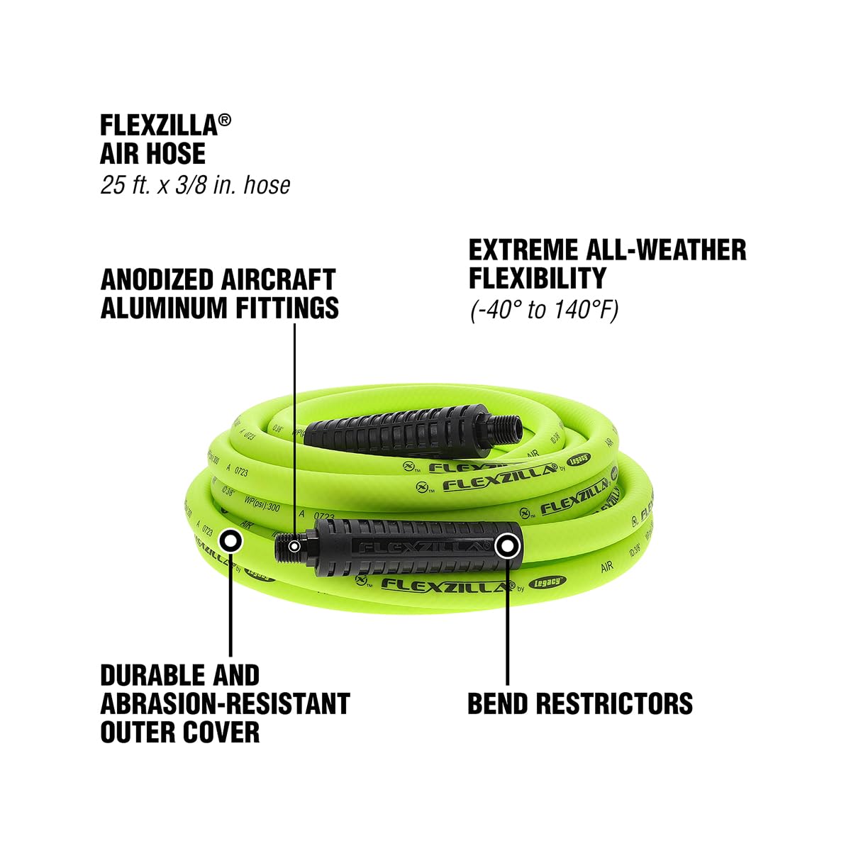 Air Hose Flexzilla, 3/8 in. x 25 ft., 1/4 in. MNPT Fittings, Heavy Duty, Lightweight, Hybrid, ZillaGreen - HFZ3825YW2