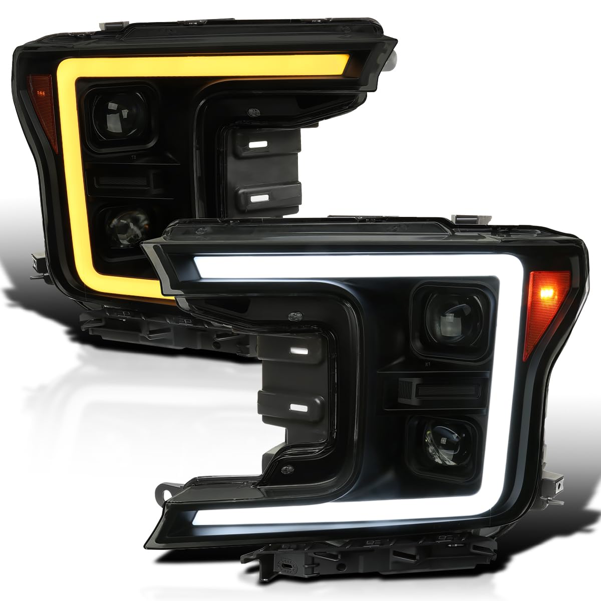 Black Smoke SPEC-D TUNING Sequential Switchback Projector Headlights w/LED Light Bar Compatible with 2018-2020 Ford F-150, Left + Right Pair Headlamps Assembly