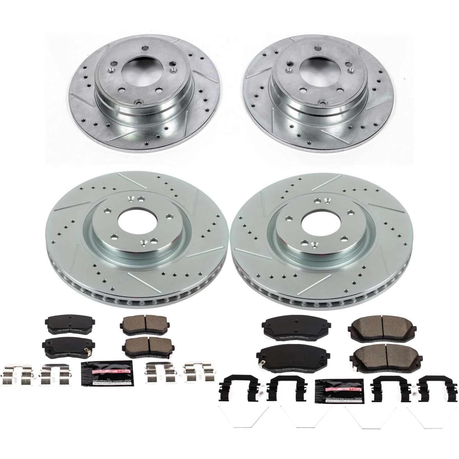 Power Stop K7510 Z23 Carbon Fiber Brake Pads Front and Rear with Drilled & Slotted Brake Rotors Kit For Hyundai Sonata 2016-2018, Kia Optima 2016-2018 [Model Specific]