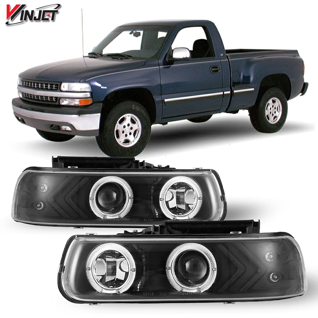 Winjet LED DRL Halo Projector Headlights Compatible with [1999-2002 Silverado] [2000 2001 2002 2003 2004 2005 2006 Suburban/Tahoe]