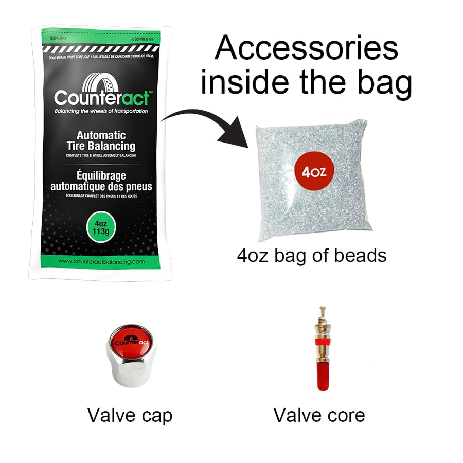 DIY Tire/Wheel Balancing Beads Kit Counteract DIYTK4-2 – for All Trailers, Includes (2) 4oz Bead Bags, (2) Valve Caps & Cores, (1) Core Remover, & Injector Bottle