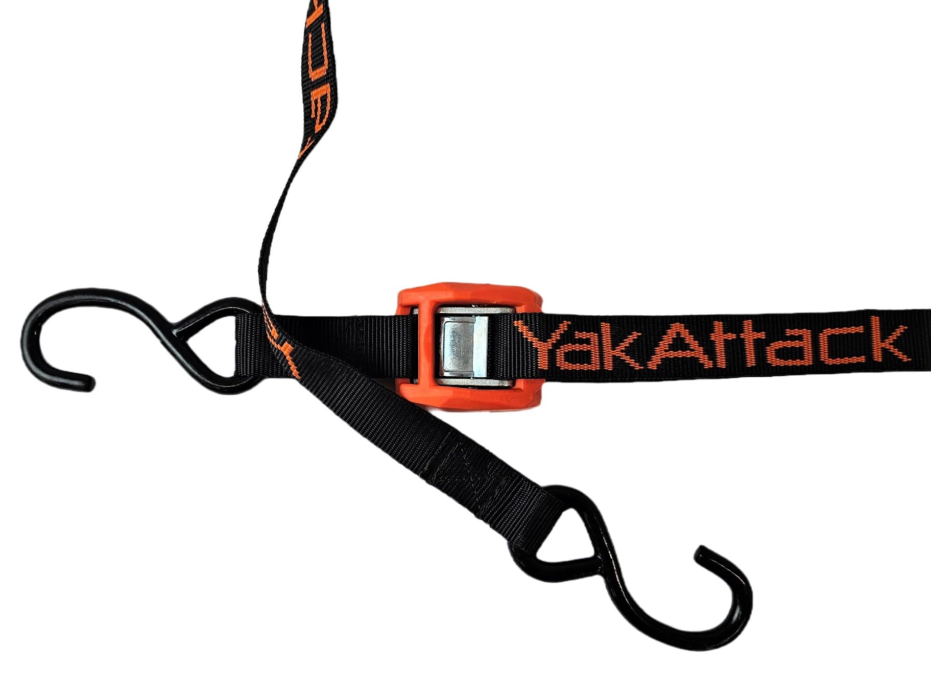 15' YakAttack J-Hook Cam Strap | Heavy Duty Polyester Kayak Tie Down with Rubber-Coated Hooks & Protective Buckle Cover | 1” Wide, Single Pack | Black/Orange