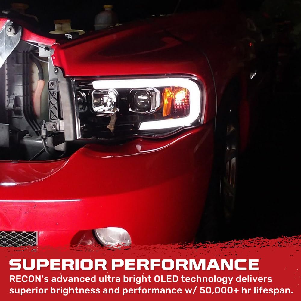 RECON - Premium Ultra Bright Projector Headlights Fits 2002-2005 Dodge RAM (1500, 2500, 3500) OLED Halos & DRL - Smoked Lens