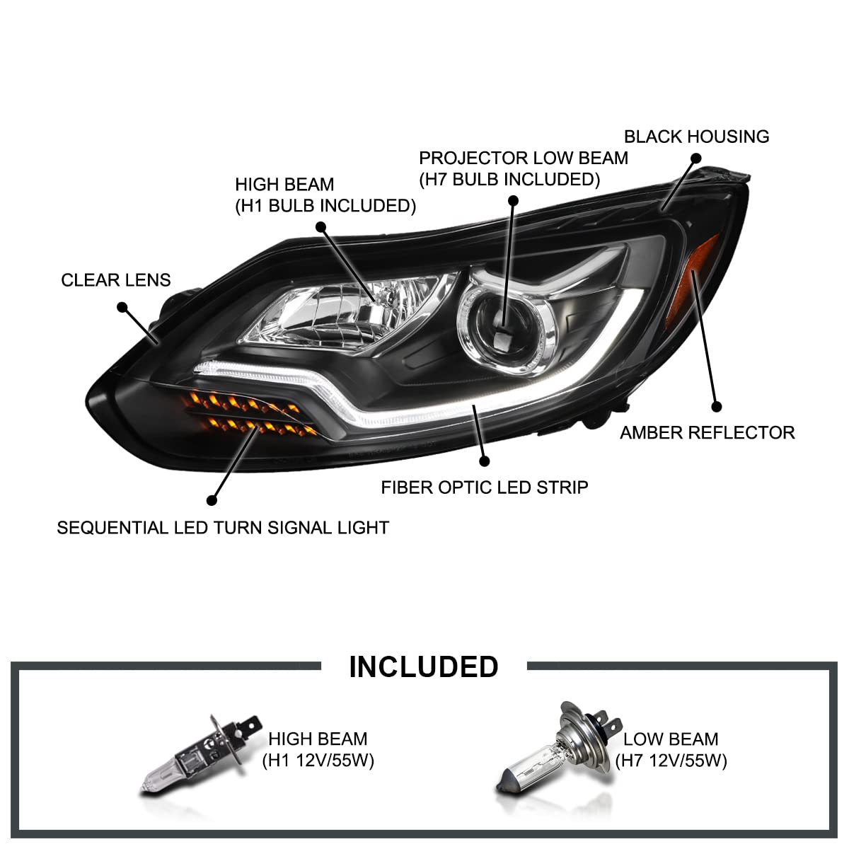 Black Projector Headlights SPEC-D TUNING w/LED Sequential Turn Signal Compatible with 2012-2014 Ford Focus, Fits Models Made in United States And Canada, Left + Right Pair Headlamps Assembly
