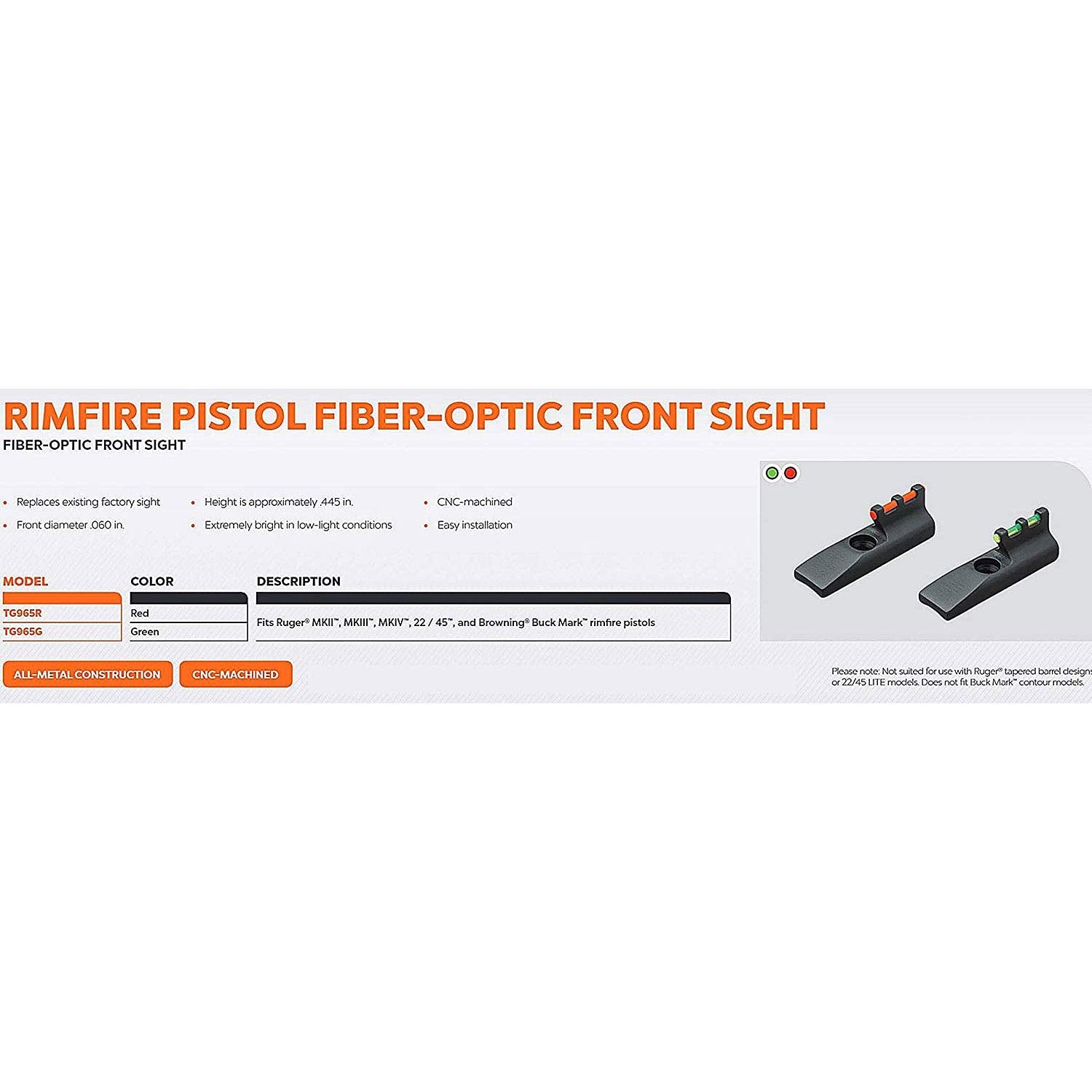 TruGlo Fiber Optics Front Sight Replacement Accessory for Ruger Pistol Handgun MKII, MKIII, 22/45 and Browning BuckMark Rimfire Pistols