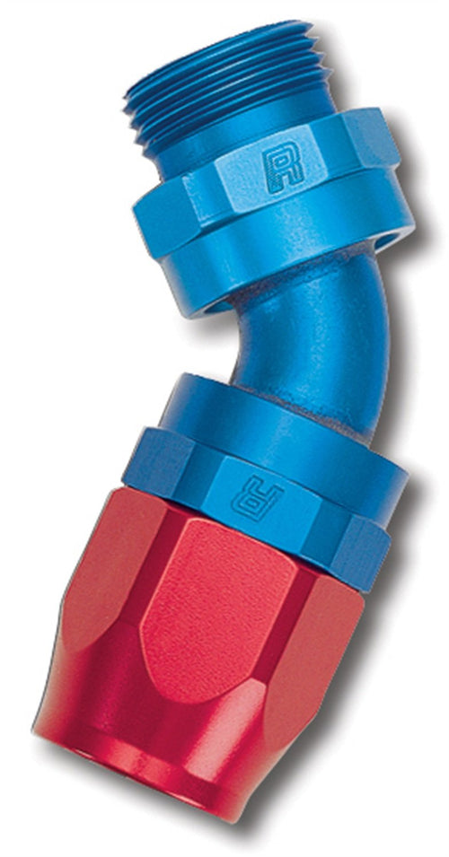 SWIVEL HOSE END ASSY #10 SAE MALE PORT TO #8 HOSE 45 DEG RED/BLUE ANODIZED