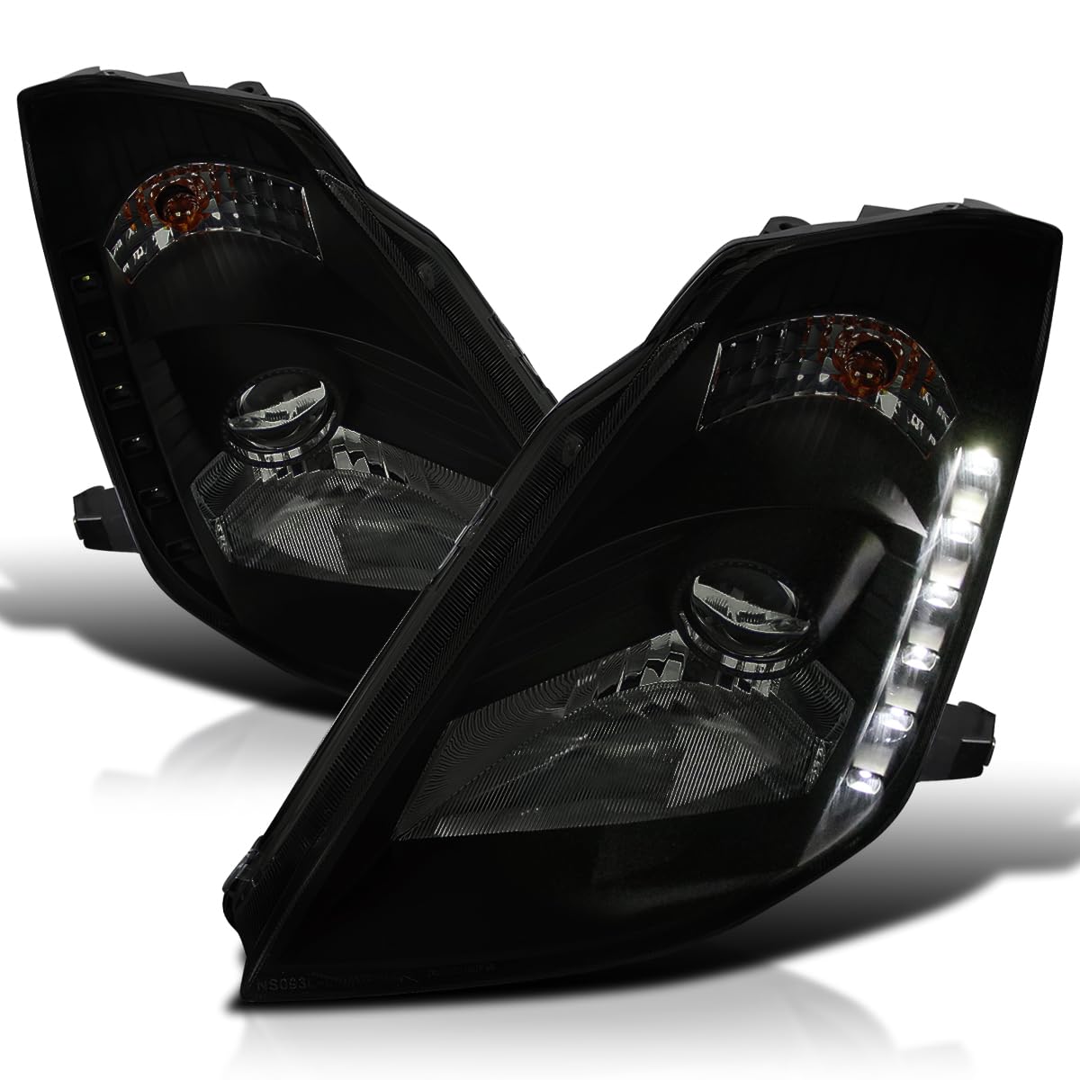 Black Smoke SPEC-D TUNING Projector Headlights w/LED Strip Compatible with 2003-2005 Nissan 350Z With Factory HID Headlights, Left + Right Pair Headlamps Assembly