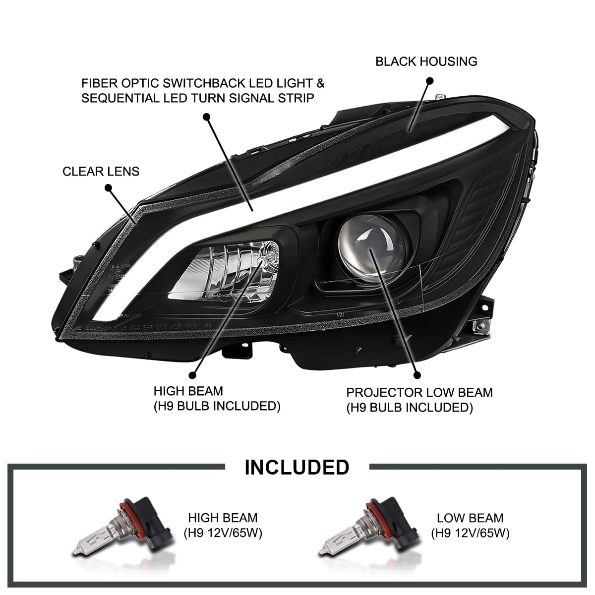 Switchback SPEC-D TUNING Black Sequential LED Tube Projector Headlights Compatible with 2012-2014 Mercedes-Benz W204 C-Class C250 C300 C350 C63, Left + Right Pair Headlamps Assembly