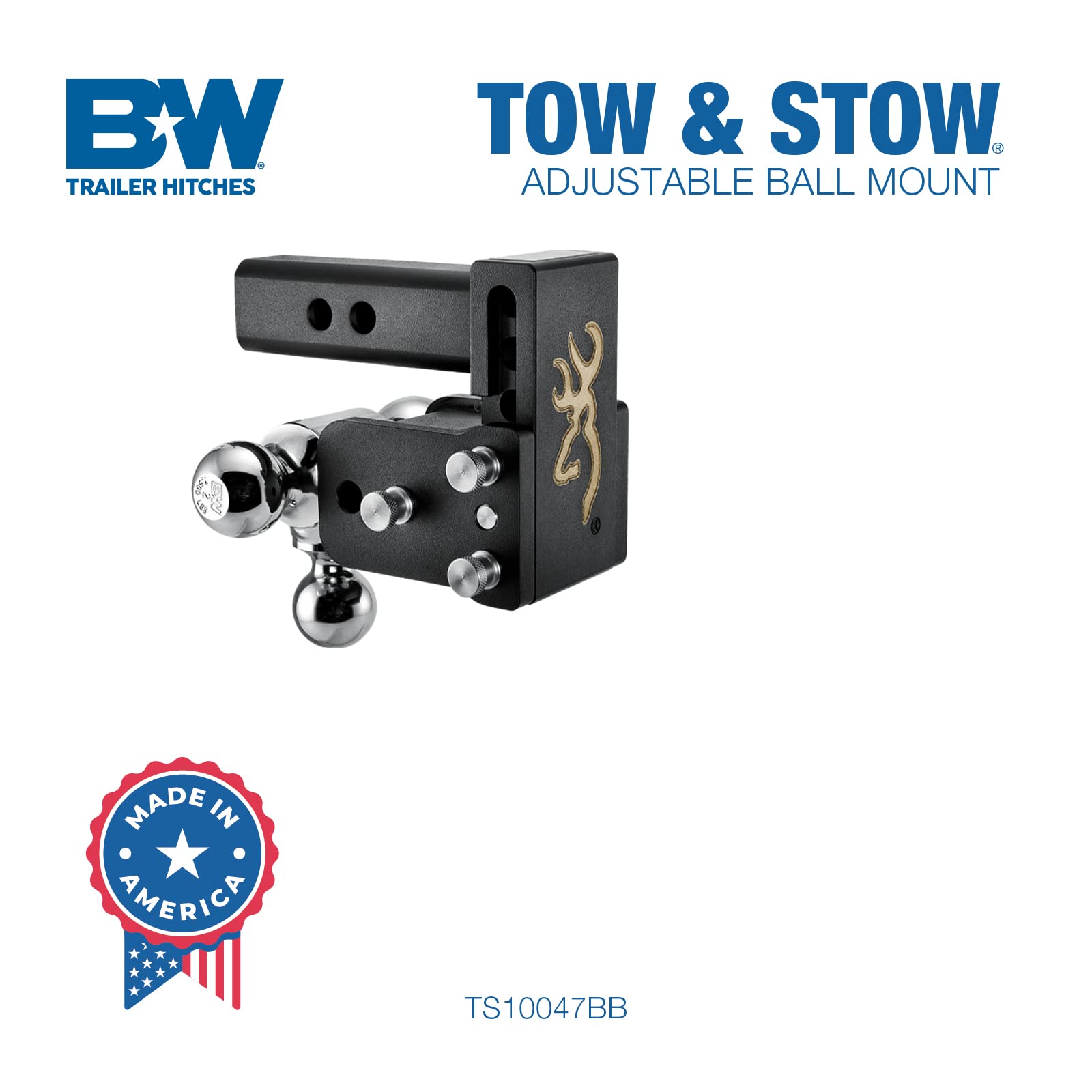 Browning Logo B&W Trailer Hitches Tow & Stow Adjustable Trailer Hitch Ball Mount - Fits 2" Receiver, Tri-Ball (1-7/8" x 2" x 2-5/16"), 3" Drop, 10,000 GTW - TS10047BB