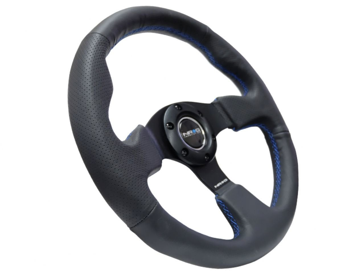 NRG Innovations Reinforced Steering Wheel NRG-RST-012R-BL - Leather Wrap Steering Wheel 320mm with Blue Stitch, Thumb Grip 3 Spoke Style