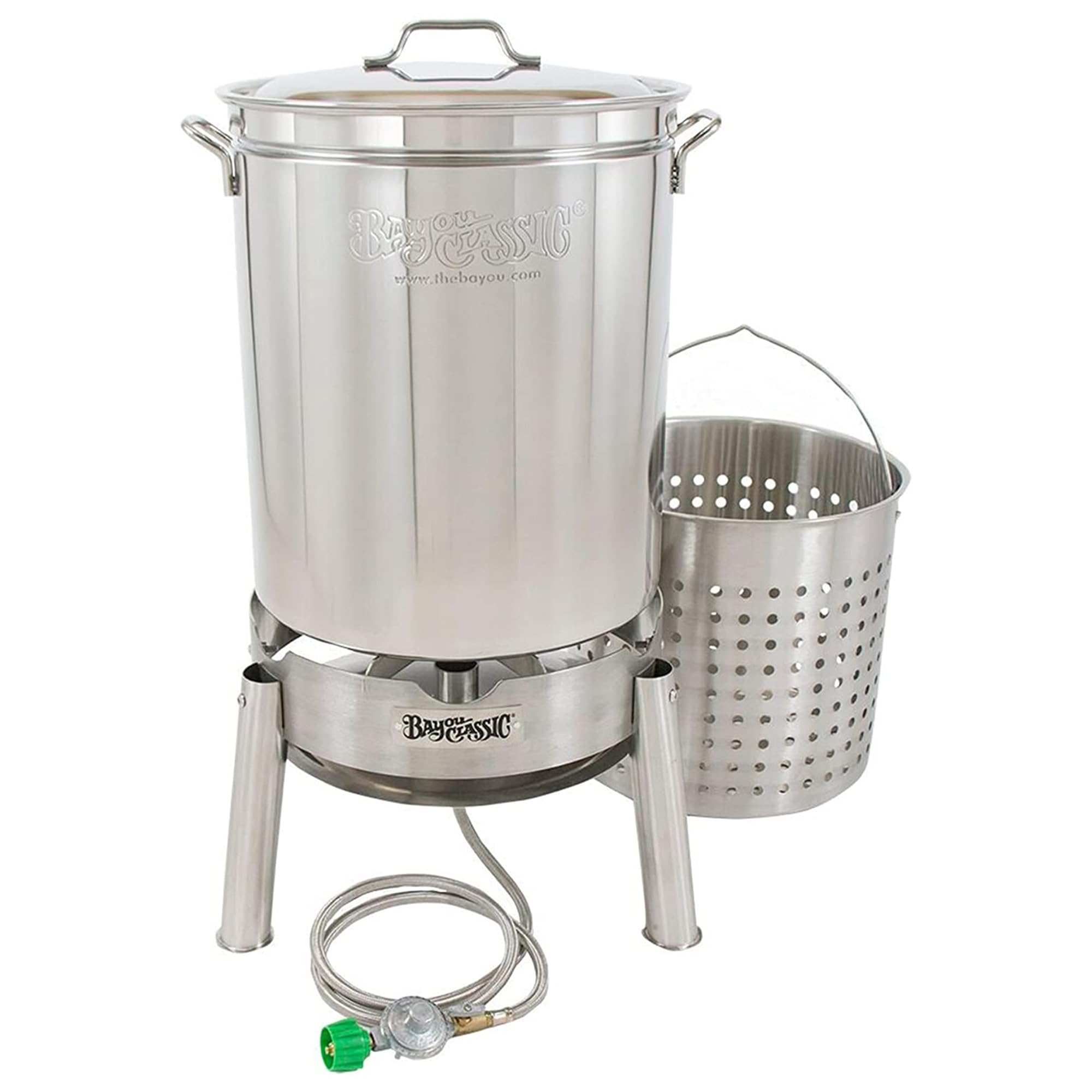 62 Quart Bayou Classic Stainless Steel Boil and Steam Cooker Kit with Lid, Basket, Single Jet, 10 PSI Regulator, 60 Inch Hose, Silver