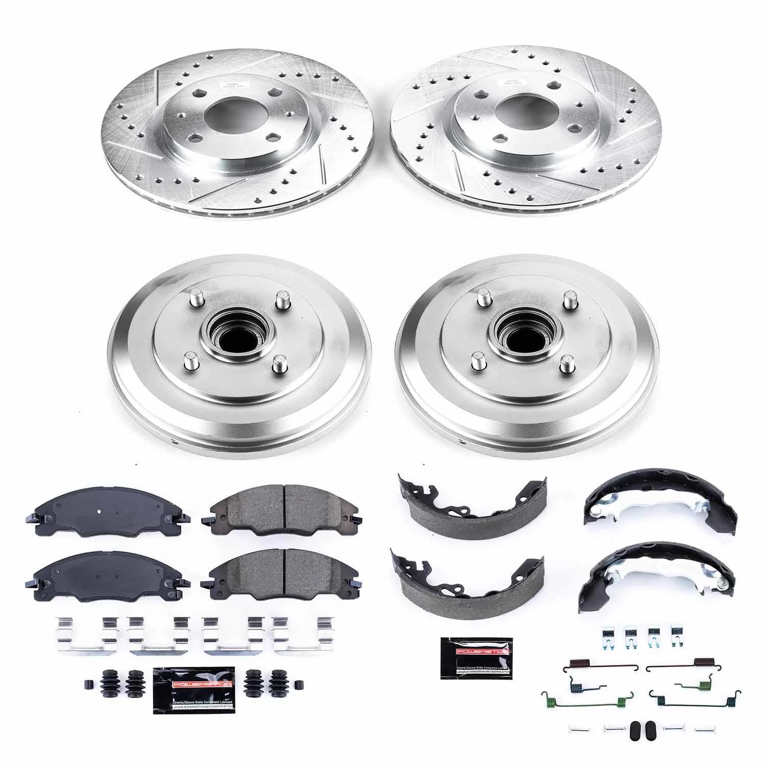 Power Stop K15194DK Z23 Carbon Fiber Brake Pads Front and Rear with Drilled & Slotted Brake Drums Kit For Ford Focus 2009-2011 [Model Specific]