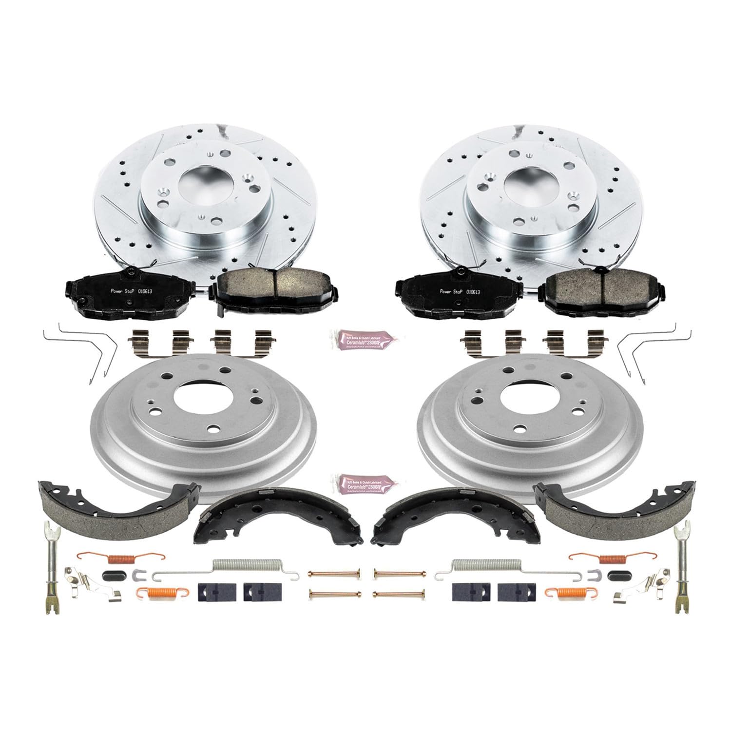 Power Stop K15242DK Z23 Carbon Fiber Brake Pads Front and Rear with Drilled & Slotted Brake Drums Kit For Honda Civic 2012-2015 [Model Specific]