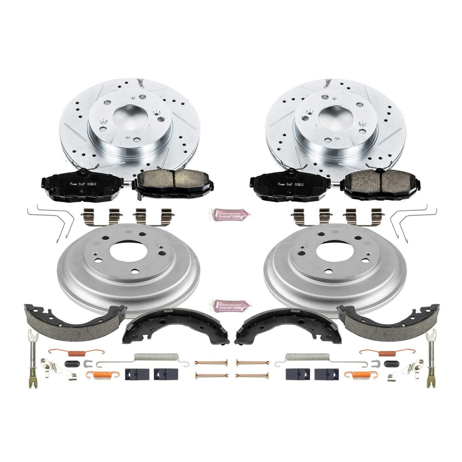 Power Stop K15242DK Z23 Carbon Fiber Brake Pads Front and Rear with Drilled & Slotted Brake Drums Kit For Honda Civic 2012-2015 [Model Specific]