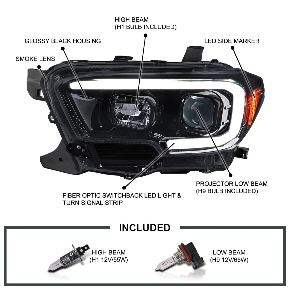 Black Smoke SPEC-D TUNING Projector Headlights w/Switchback LED Tube Signal Compatible with 2016-2023 Toyota Tacoma, Left + Right Pair Headlamp Assembly