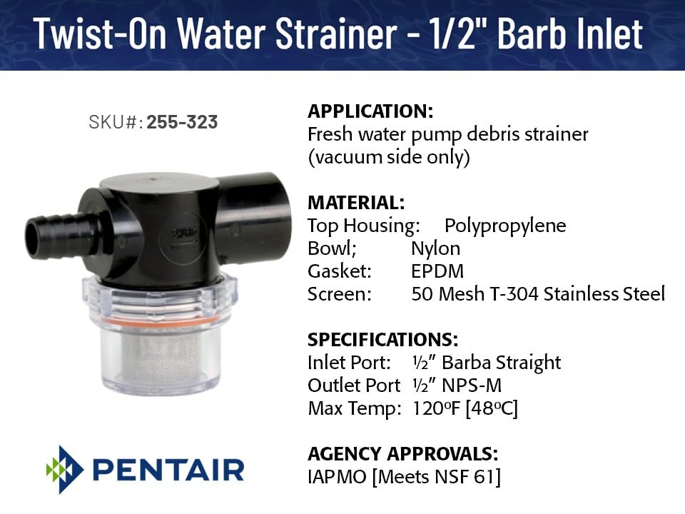 SHURFLO PENTAIR 255-323 Twist-On Water Strainer, 1/2" Barb Inlet, 1/2" NPSM Outlet