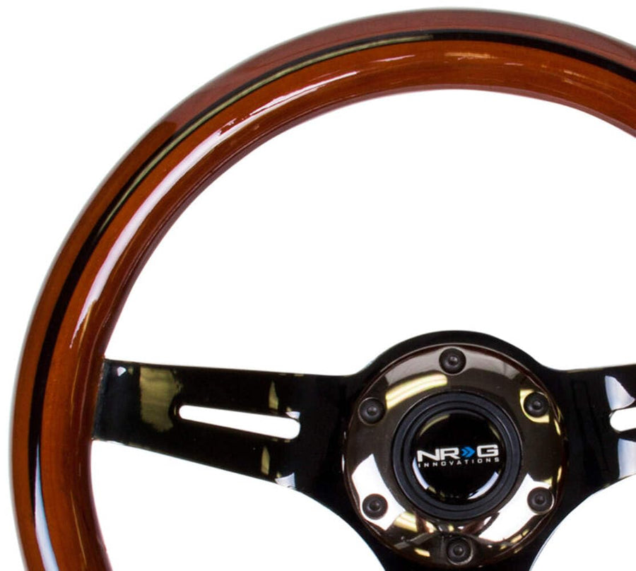 NRG Innovations Steering Wheel NRG-ST-310BRB-BK - Classic Dark Wood Grain Wheel, Black Line Inlay, 310mm, 3 Spoke Center in Black Chrome