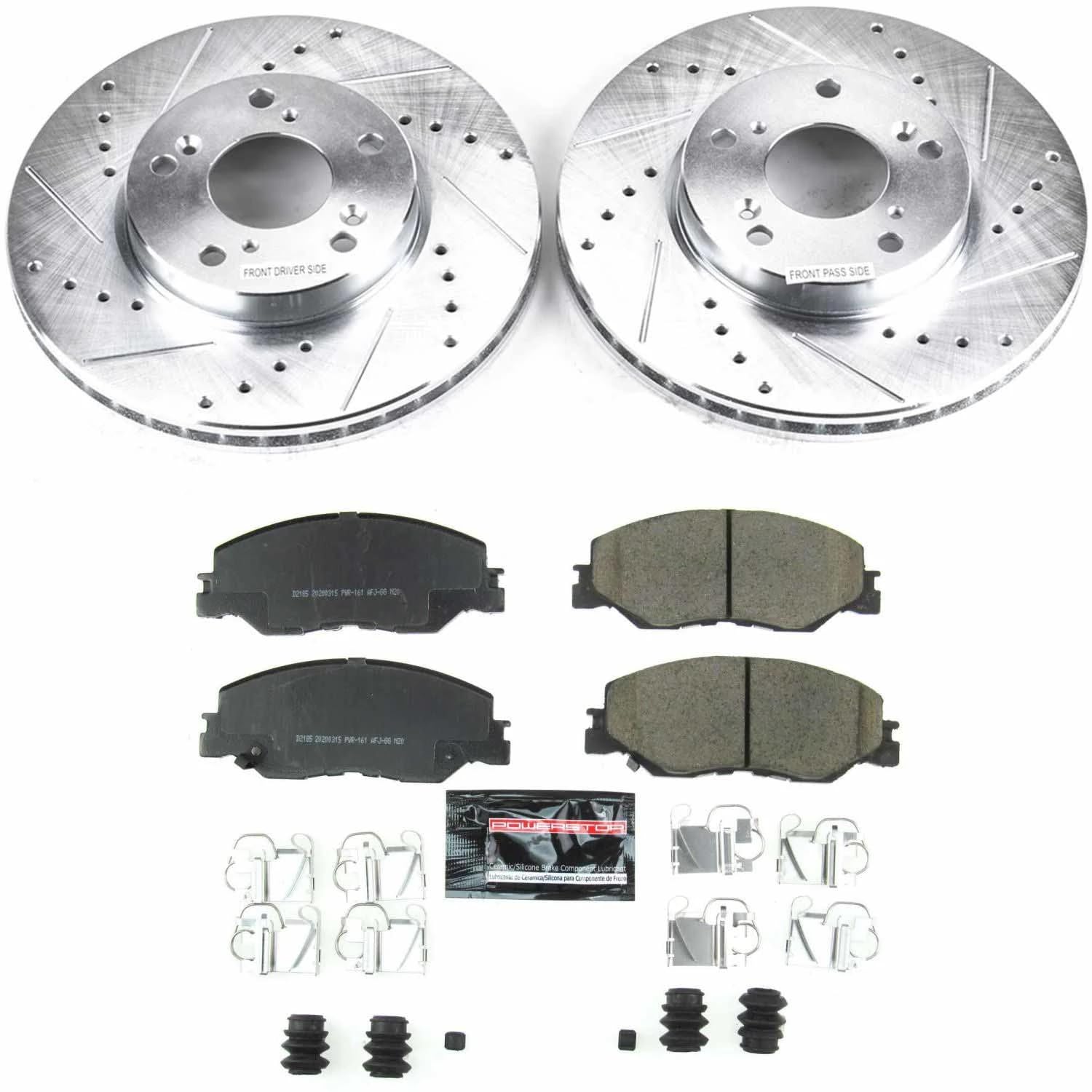Power Stop K8318 Z23 Carbon Fiber Brake Pads Front with Drilled & Slotted Brake Rotors Kit For Honda Civic 2022, Honda Insight 2019-2022 [Model Specific]