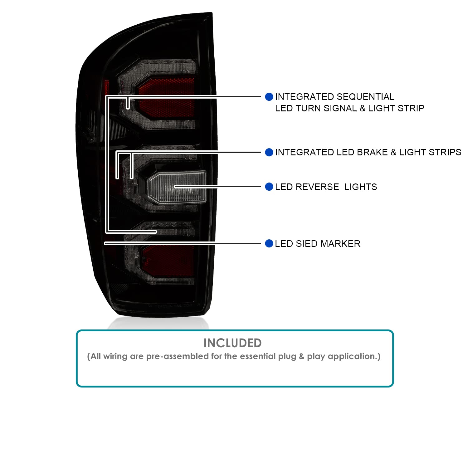 Glossy Black Smoke SPEC-D TUNING LED Tail Lights w/Sequential DRL Strips Compatible with 2016-2022 Toyota Tacoma, Left + Right Pair Assembly