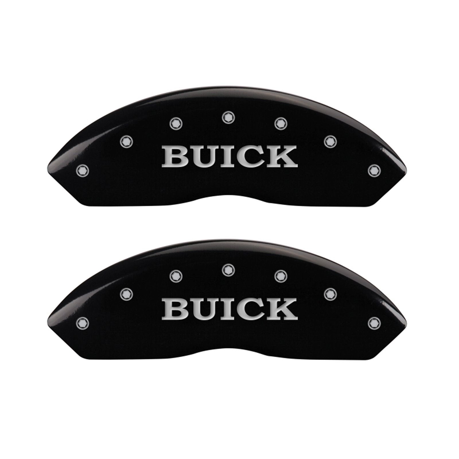 MGP Caliper Covers 'Buick' Engraved Front/'Buick Shield' Engraved Rear (49003SBSHBK) Caliper Cover with Black Powder Coat Finish and Silver Characters, (Set of 4)