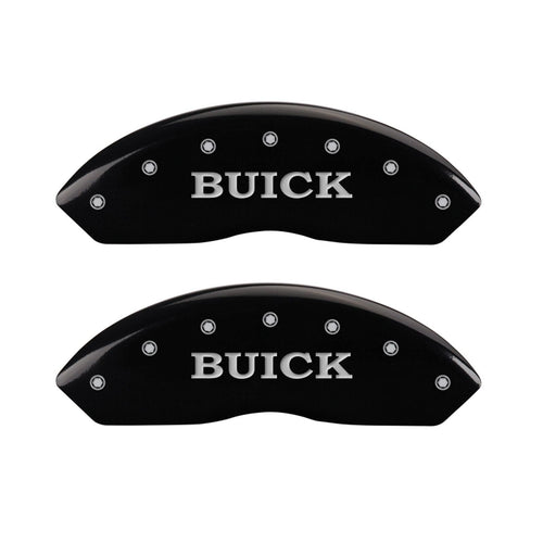MGP Caliper Covers 'Buick' Engraved Front/'Buick Shield' Engraved Rear (49003SBSHBK) Caliper Cover with Black Powder Coat Finish and Silver Characters, (Set of 4)