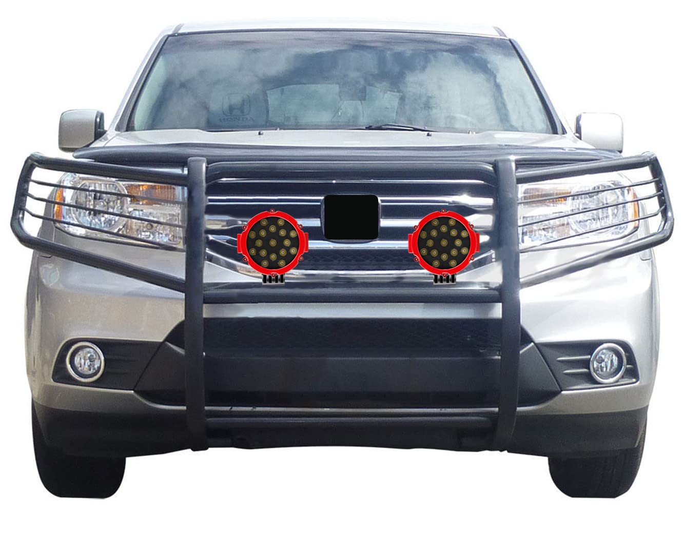 Black Horse Grille Brush Bumper Guard Black Modular Come with Pair of 7.0" Dia.LED Lights with Red Trim Rings Compatible with 2009-2015 Honda Pilot-17H151400MA-PLR