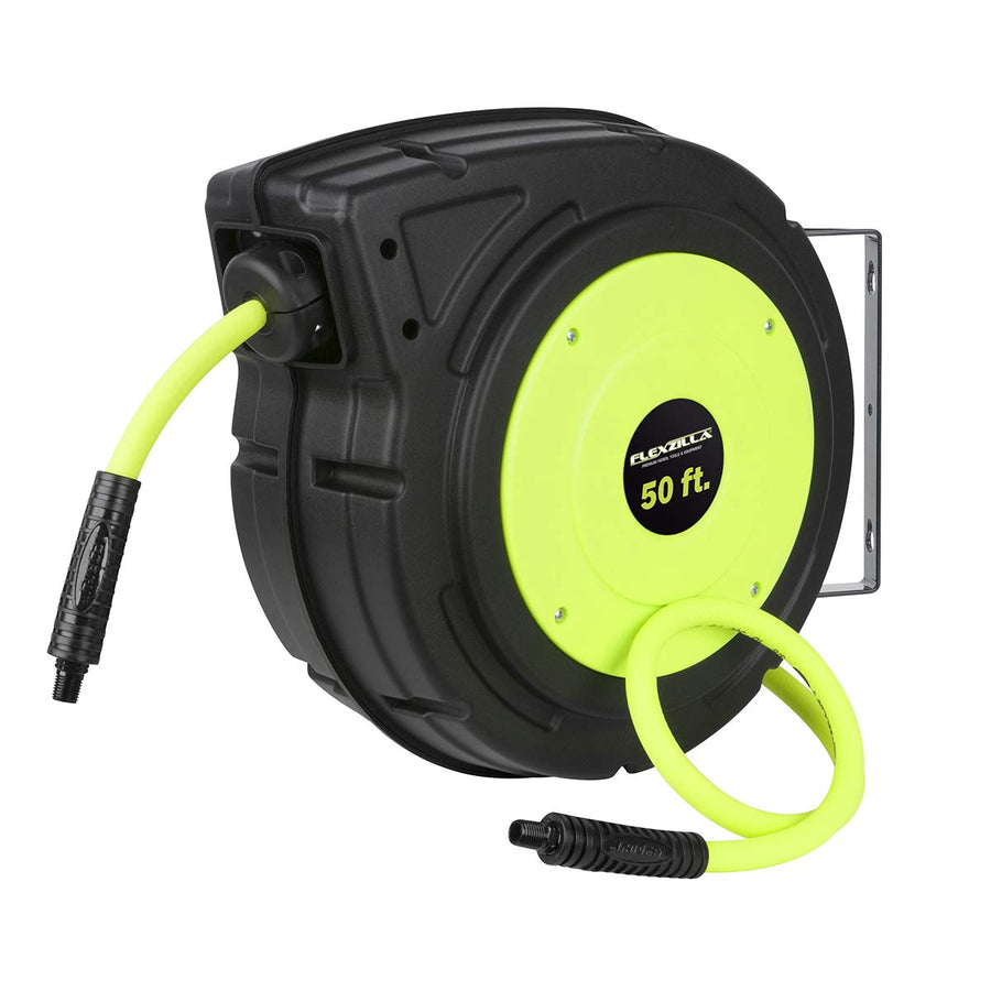 Flexzilla Enclosed Retractable Plastic Air Hose Reel, 3/8 in. x 50 ft., Heavy Duty, Lightweight, Hybrid, ZillaGreen - L8250FZ