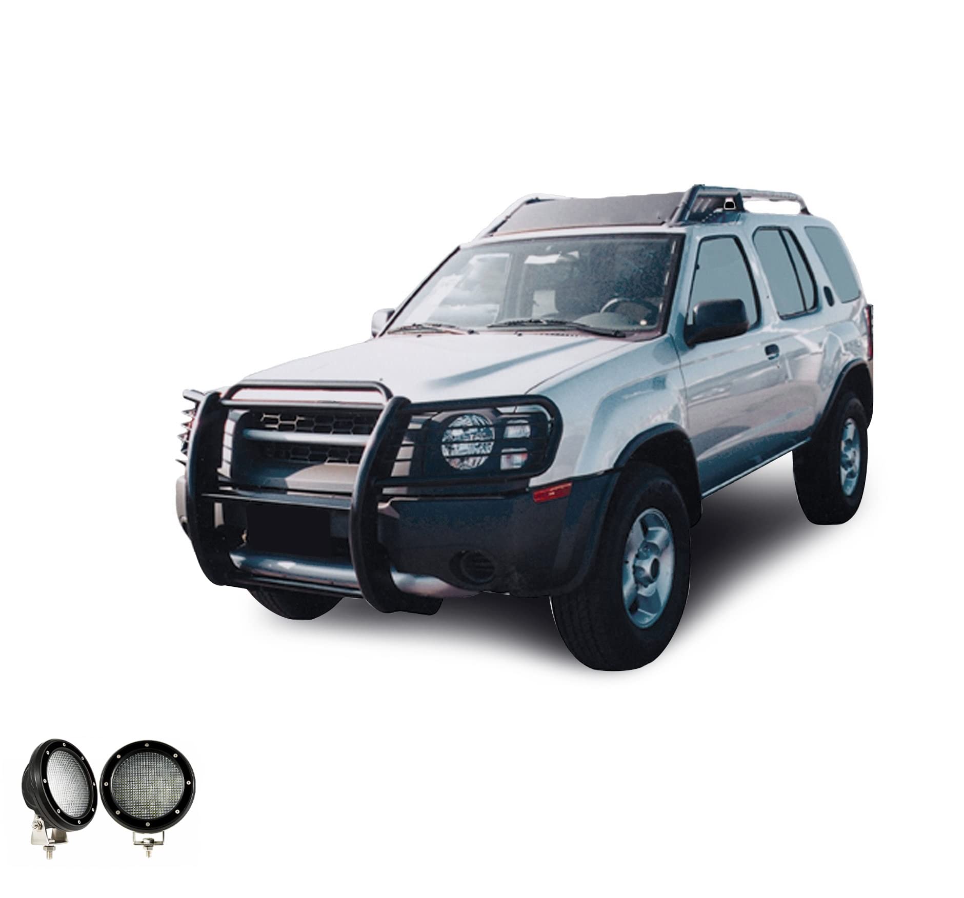Grille Brush Black Horse Bumper Guard Modular Black Come with Pair of 5.3" Dia.LED Lights with Black Trim Rings Compatible with 2000-2004 Nissan Frontier|2000-2004 Nissan Xterra-17NI26MA-PLFB