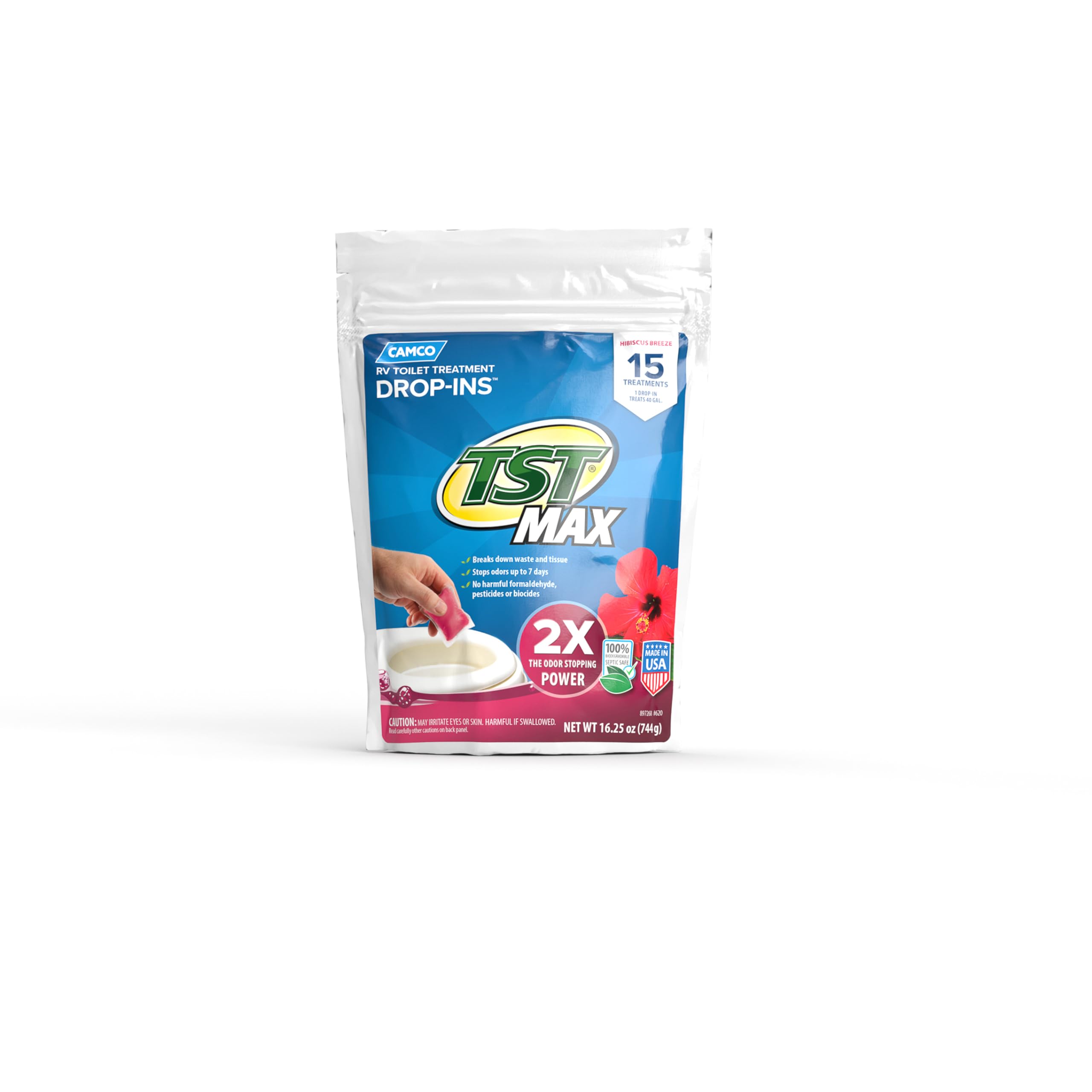 Camco TST MAX Drop-INs RV Toilet Treatment - Control Unwanted Odors & Break Down Waste and Tissue - Safe Septic Tank Treatment - Hibiscus Breeze Scent, 15-Pack (41600)