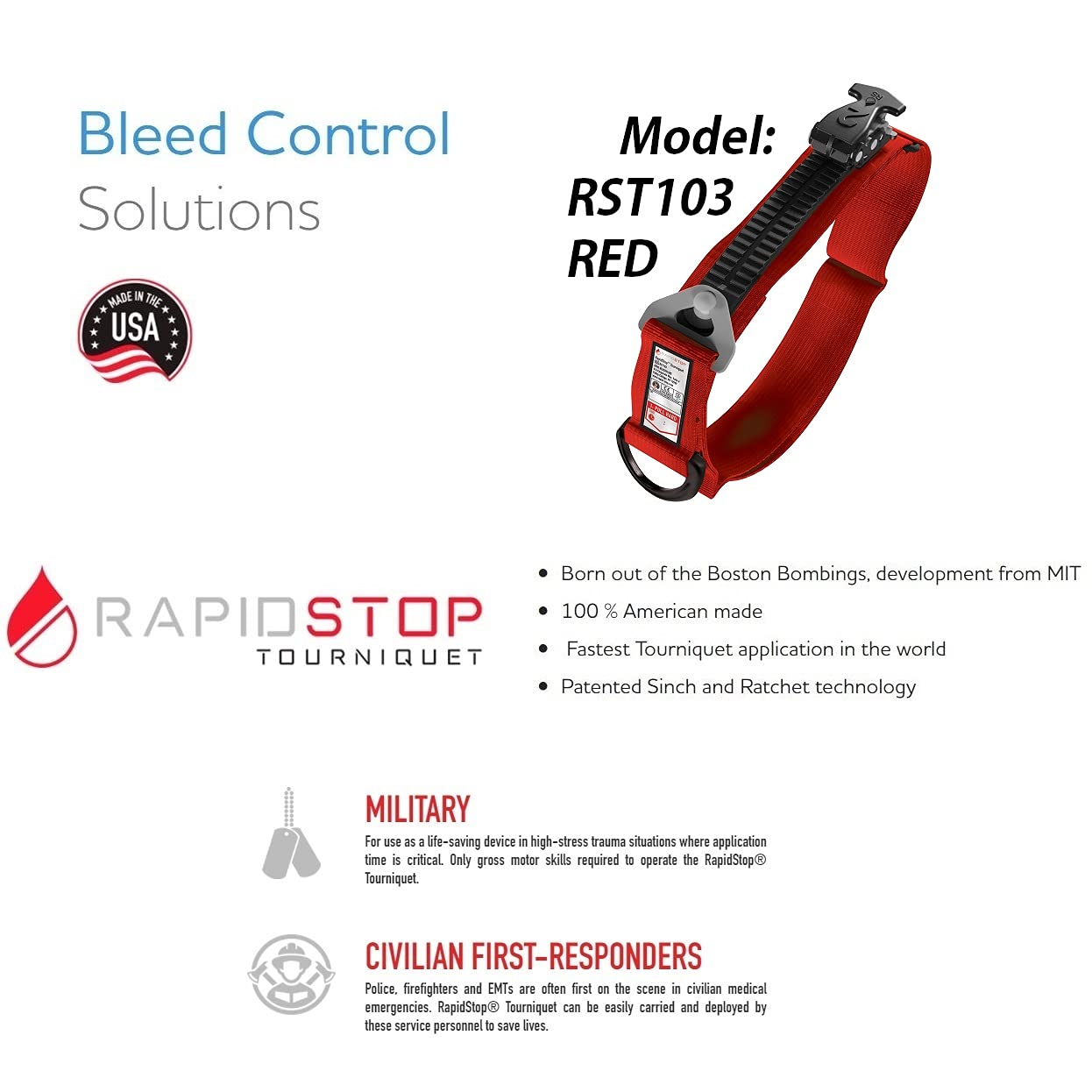 Aero Healthcare RAPIDSTOP RST103 Red Tourniquet for Emergency Outdoor First Aid Tactical Life Saving Hemorrhage Control, Single-Handed Operation of Hemostatic Bandage. Made in The USA