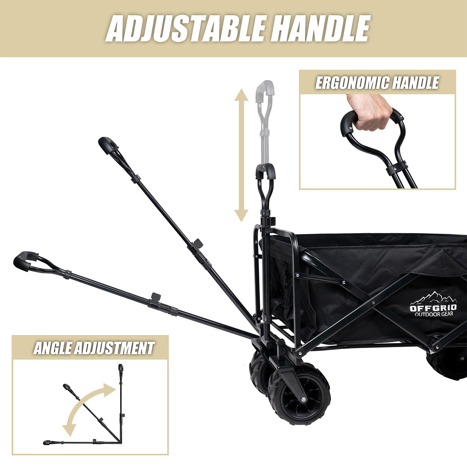 OFFGRID Raptor Series Folding Wagon Cart Heavy Duty Collapsible Steel Frame Utility Garden Wagon Large Capacity 260lbs Adjustable Handle Big Wheels Outdoor Travel Use - Black